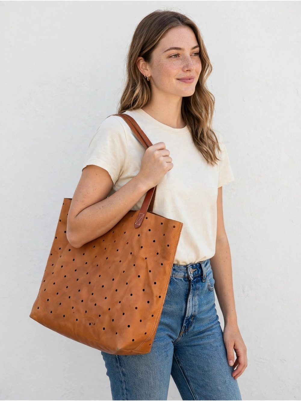 Source Unknown Perforated Leather Tote in Tan Brown